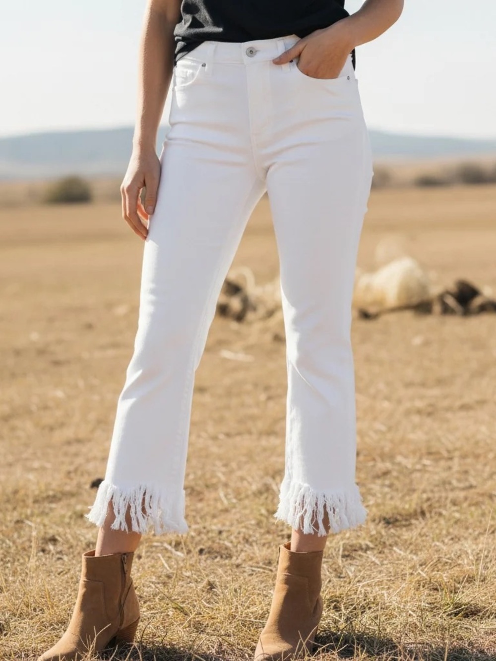 Free People White Cropped Fringe Hem Jeans
